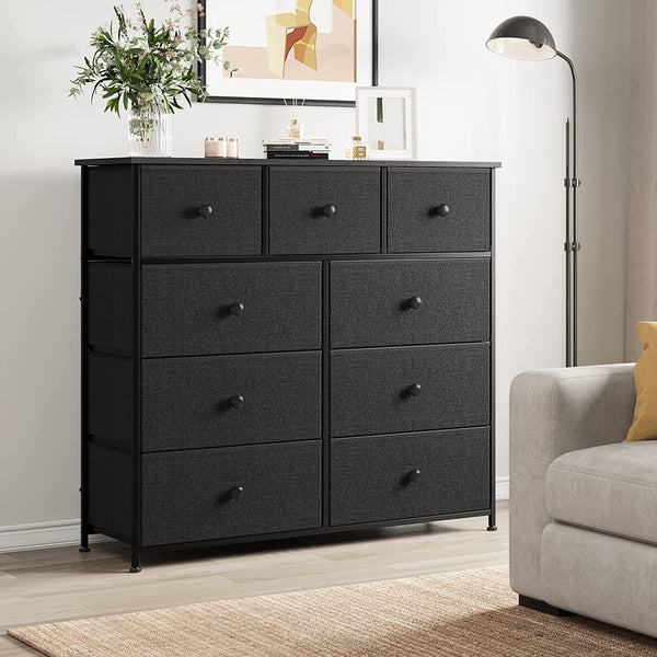 REAHOME 9 Drawer Dresser for Bedroom Chest of Drawers Closets Large Capacity Organizer Tower Steel Frame Wooden Top Living Room Entryway Office (Black Grey)YLZ9B6