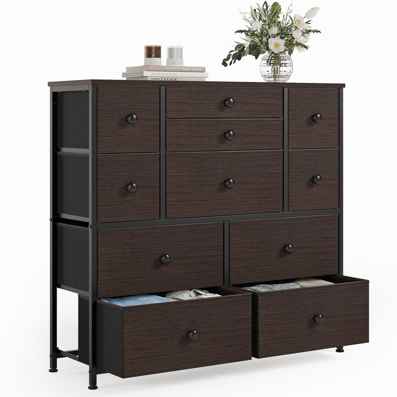 REAHOME 11 Fabric Drawers Dresser Rustic Style Dressers of Bedroom Faux Leather Storage Cabinet Rustic Brown Finish