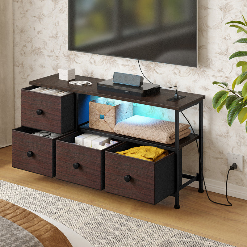 REAHOME 4 Drawers Dresser Wide Fabric Chest of Drawers Faux Leather Storage Cabinet with Wood Top LED Light Charging Outlet For Living Room Bedroom Rustic Brown