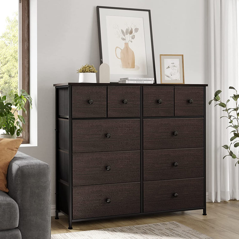 REAHOME 10 Drawer Dresser for Bedroom Faux Leather Chest of Drawers Fabric Dresser with Wooden Top Storage Organizer Unit for Living Room Hallway Entryway Closets (Rustic Brown)