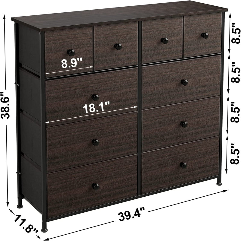 REAHOME 10 Drawer Dresser for Bedroom Faux Leather Chest of Drawers Fabric Dresser with Wooden Top Storage Organizer Unit for Living Room Hallway Entryway Closets (Rustic Brown)