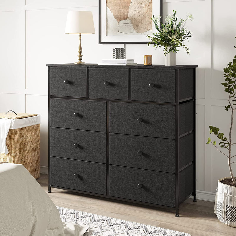 REAHOME 9 Drawer Dresser for Bedroom Chest of Drawers Closets Large Capacity Organizer Tower Steel Frame Wooden Top Living Room Entryway Office (Black Grey)YLZ9B6