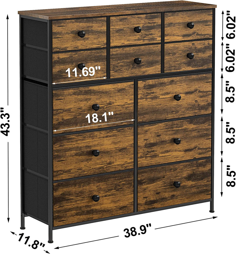 REAHOME 12 Drawer Dresser for Bedroom Fabric Storage Tower Wide Rustic Dresser with Wood Top Sturdy Steel Frame Storage Organizer Unit for Living Room Hallway Entryway Closets Nursery (Rustic)MLK12R3